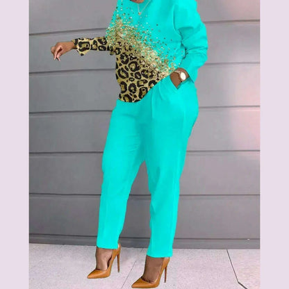 Women Print Two Piece Pant Sets Full Sleeve T Shirts Round Neck Splice Shirt High Waist Trousers Suits Autumn Office Lady