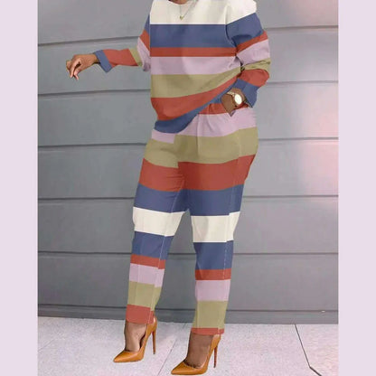 Women Print Two Piece Pant Sets Full Sleeve T Shirts Round Neck Splice Shirt High Waist Trousers Suits Autumn Office Lady