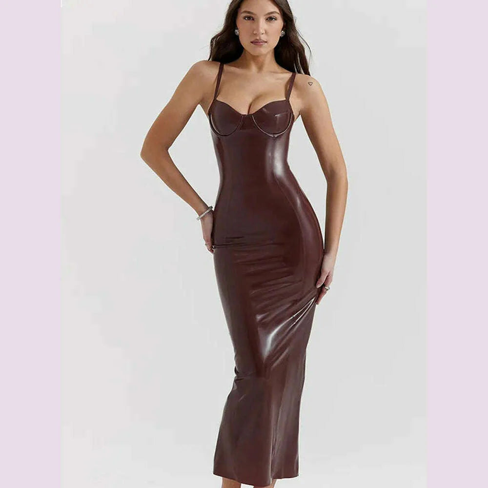Women Sexy Blackless Slim Sling Leather Dress Fashion Sleeveless Zipper Split Fold Long Dresses 2024 Lady New Evening Party Robe