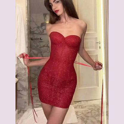 Women Sexy Glitter Back Lace Up Red Strapless Mini Dress Fashion Sleeveless Retract Waist A-line Dresses Lady Party Short Robes