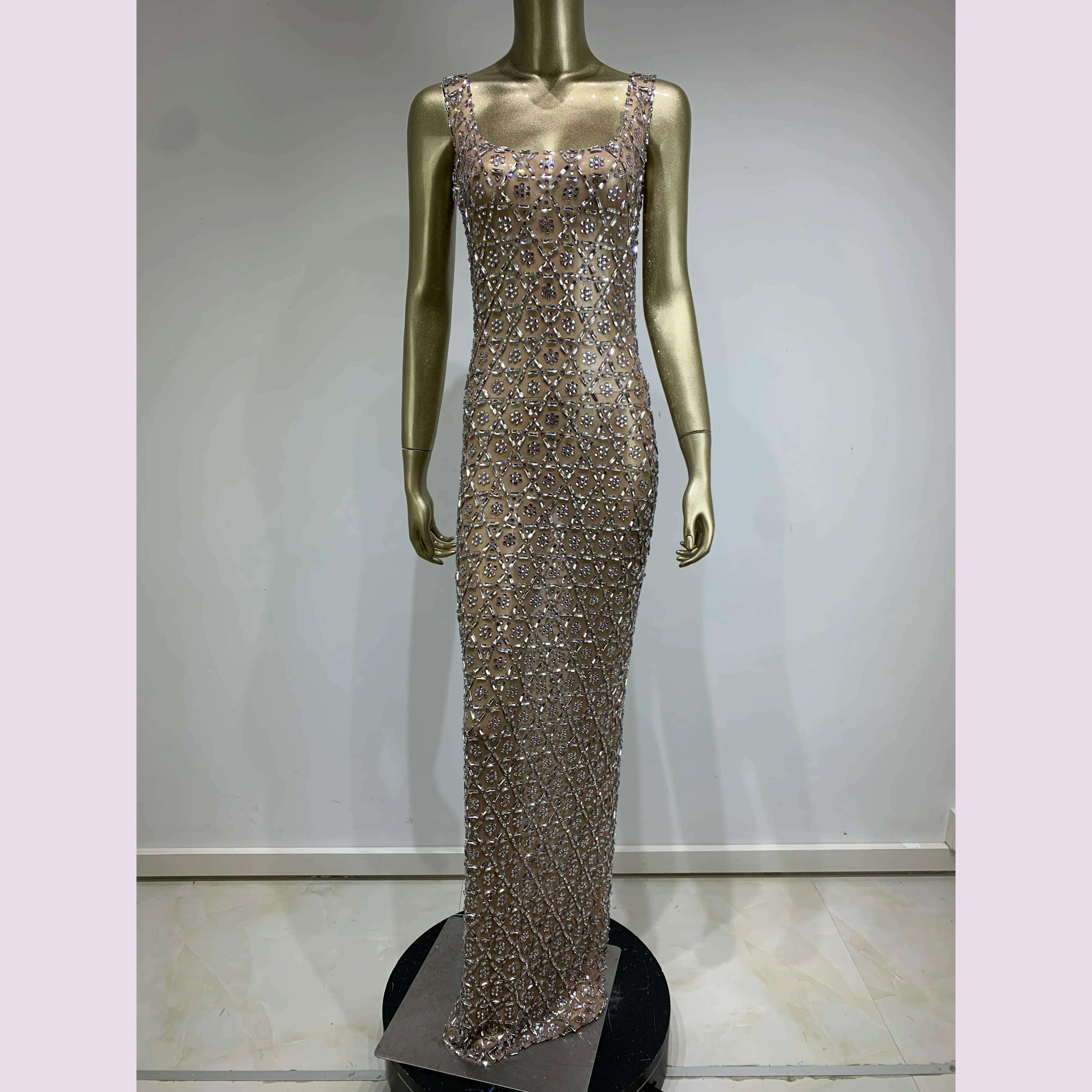 Women Sexy Mesh Transparent Crystal Diamonds Long Maxi Dress Birthday Party Costume Bar Nightclub Singer Stage Performance Dress
