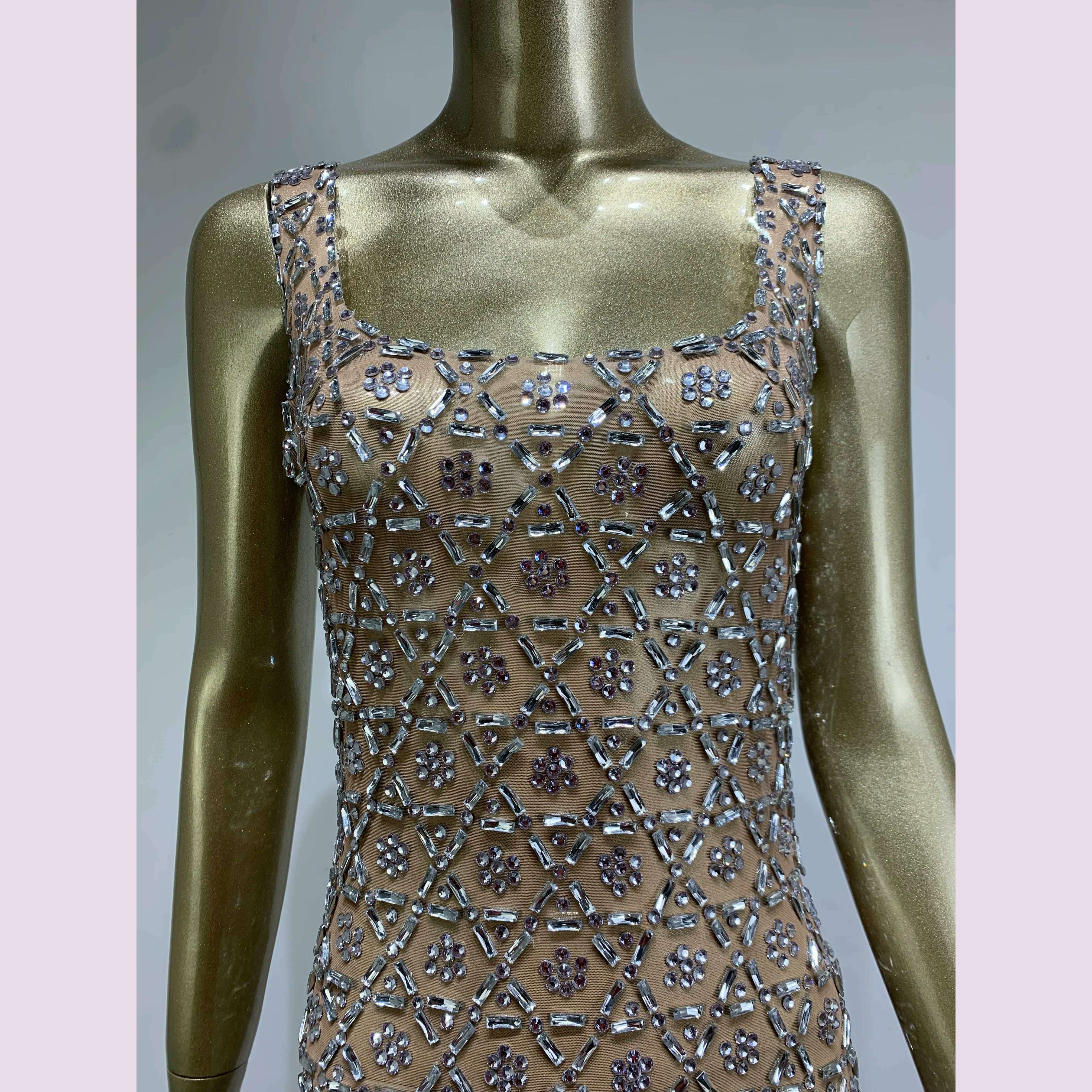 Women Sexy Mesh Transparent Crystal Diamonds Long Maxi Dress Birthday Party Costume Bar Nightclub Singer Stage Performance Dress