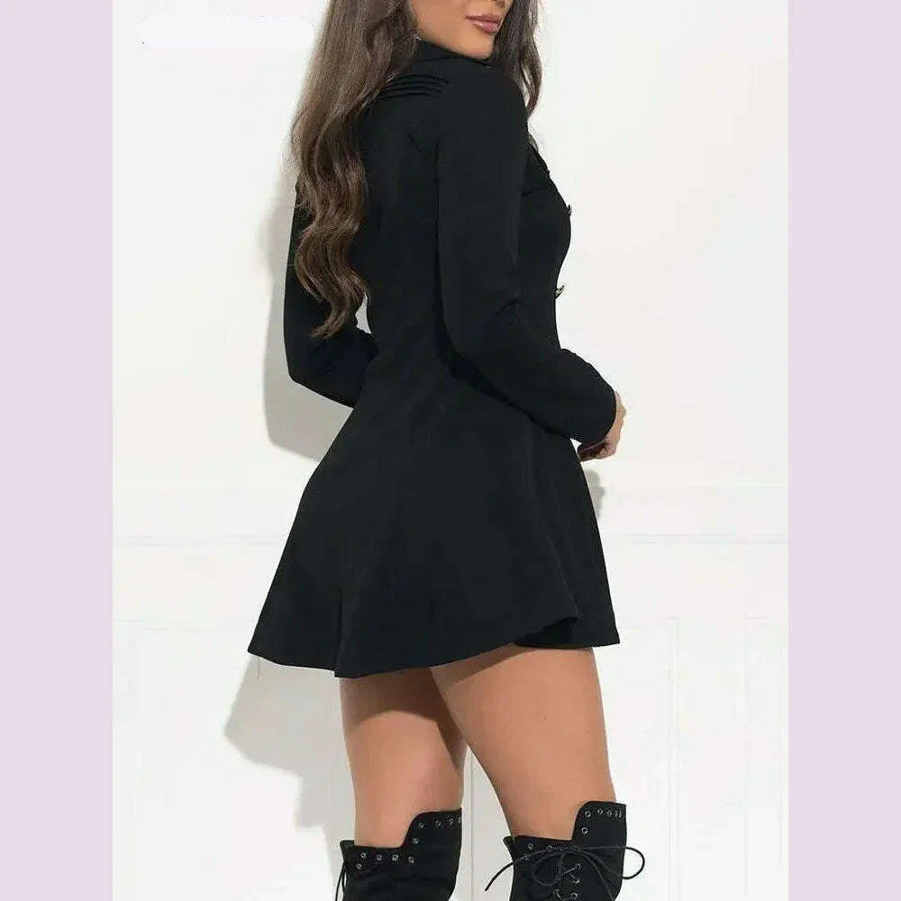 Women Short Trench Sexy Slim Zipper Double Breasted Spring Thin Jackets Black Solid Lapel Elegant Midi Dress