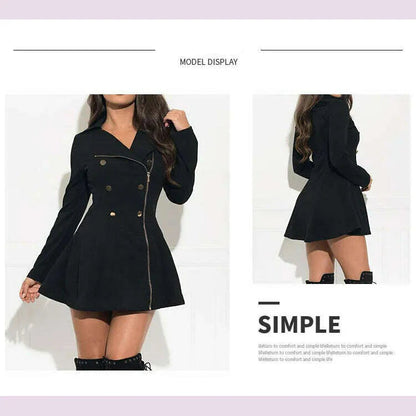 Women Short Trench Sexy Slim Zipper Double Breasted Spring Thin Jackets Black Solid Lapel Elegant Midi Dress