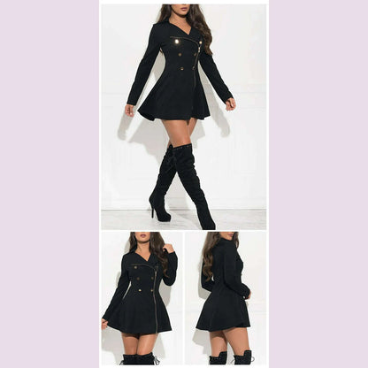 Women Short Trench Sexy Slim Zipper Double Breasted Spring Thin Jackets Black Solid Lapel Elegant Midi Dress