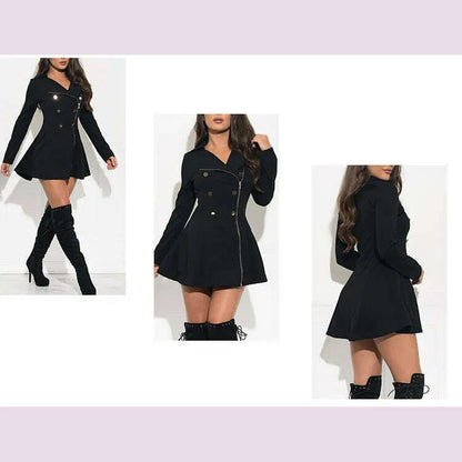 Women Short Trench Sexy Slim Zipper Double Breasted Spring Thin Jackets Black Solid Lapel Elegant Midi Dress