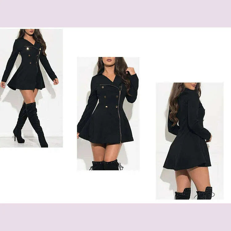 Women Short Trench Sexy Slim Zipper Double Breasted Spring Thin Jackets Black Solid Lapel Elegant Midi Dress