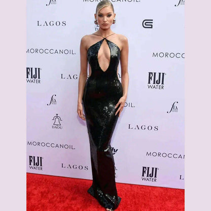 Women Summer Luxury Sexy Backless Halter Black Mesh Sequins Maxi Long Gowns Dress Elegant Sparkly Evening Party Club Dress