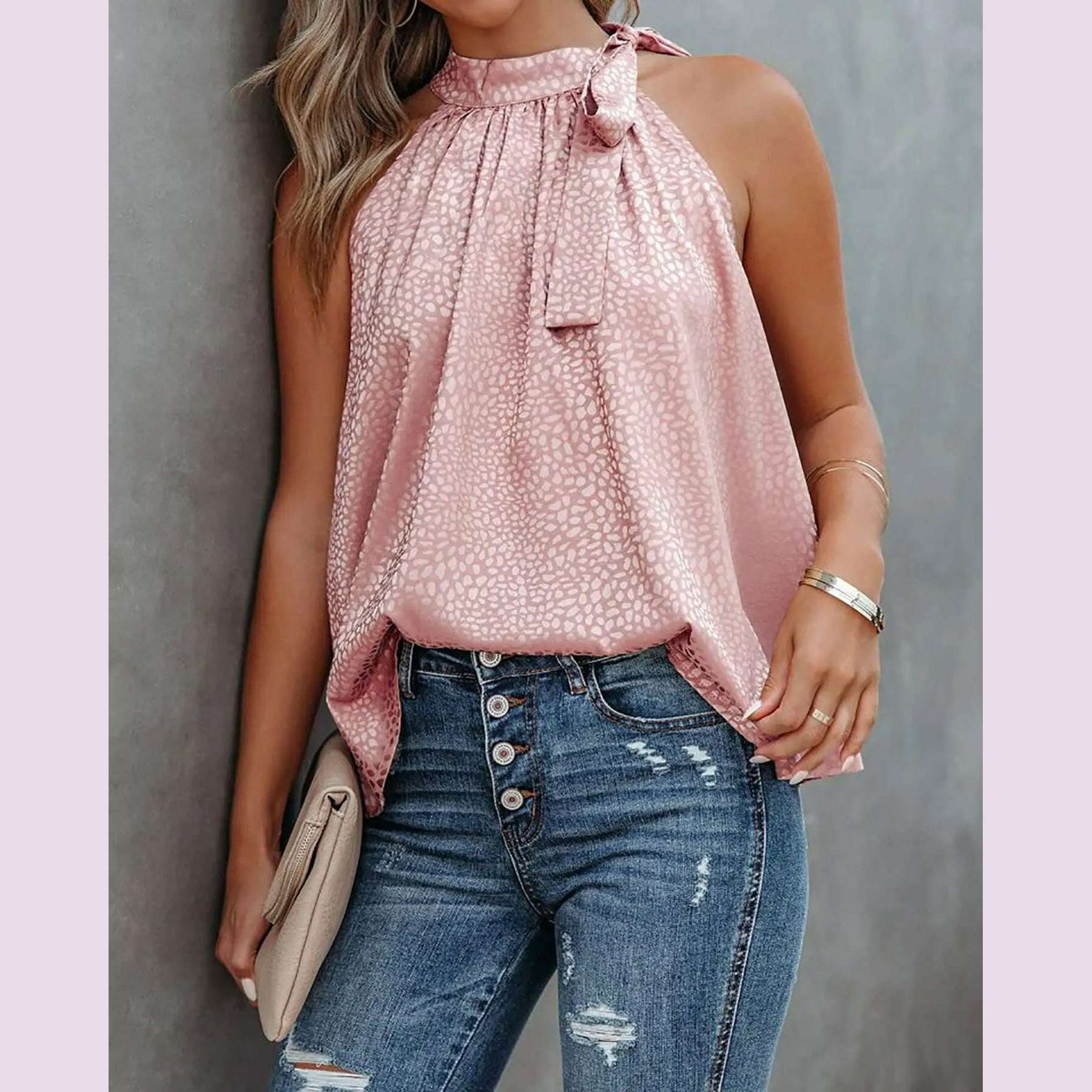 Women Summer Style Blouses Shirts Lady Casual Sleeveless Halter Collar Solid Color Blouse Tops DF5071
