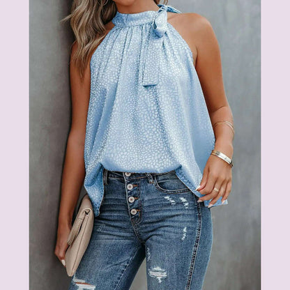 Women Summer Style Blouses Shirts Lady Casual Sleeveless Halter Collar Solid Color Blouse Tops DF5071