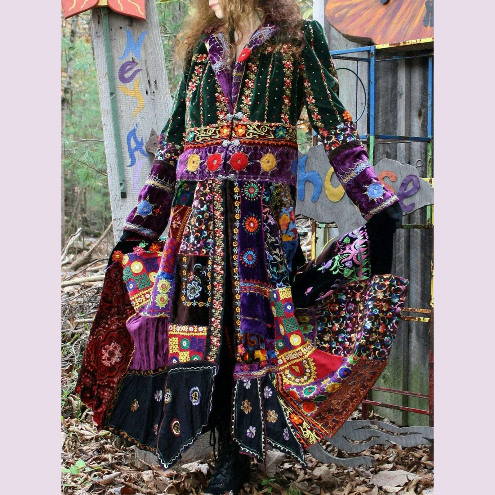 Women Velvet Dress Floral Printed Pleated Dress Turn Down Collar American Retro  Casual Long Sleeve Patchwork Outerwear Dress