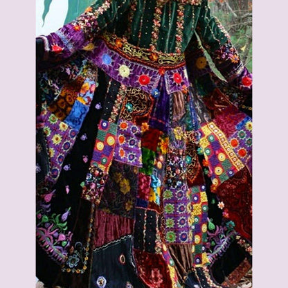 Women Velvet Dress Floral Printed Pleated Dress Turn Down Collar American Retro  Casual Long Sleeve Patchwork Outerwear Dress