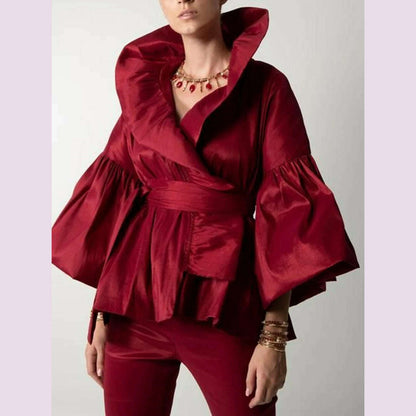 Women Vintage Court Style Blouse Satin Petal Sleeve Stand Collar Bud Shape American Retro Shirt Blouse Autumn Tops