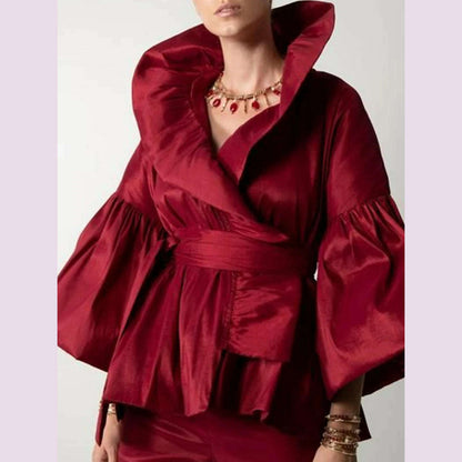 Women Vintage Court Style Blouse Satin Petal Sleeve Stand Collar Bud Shape American Retro Shirt Blouse Autumn Tops
