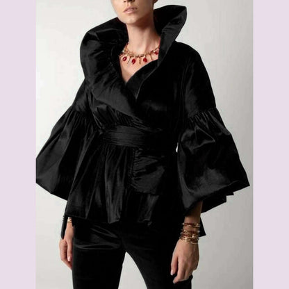 Women Vintage Court Style Blouse Satin Petal Sleeve Stand Collar Bud Shape American Retro Shirt Blouse Autumn Tops