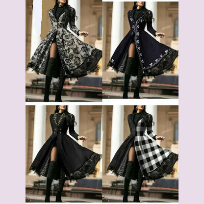 Women Vintage Party Trench Long Sleeve Autumn Splicing Lace Button Coat Female Casual Big Swing Fashion Long Jackets