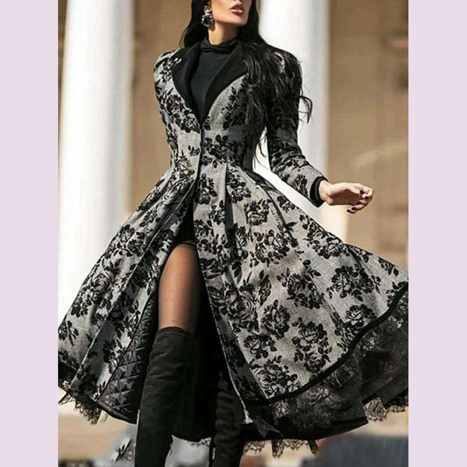 Women Vintage Party Trench Long Sleeve Autumn Splicing Lace Button Coat Female Casual Big Swing Fashion Long Jackets