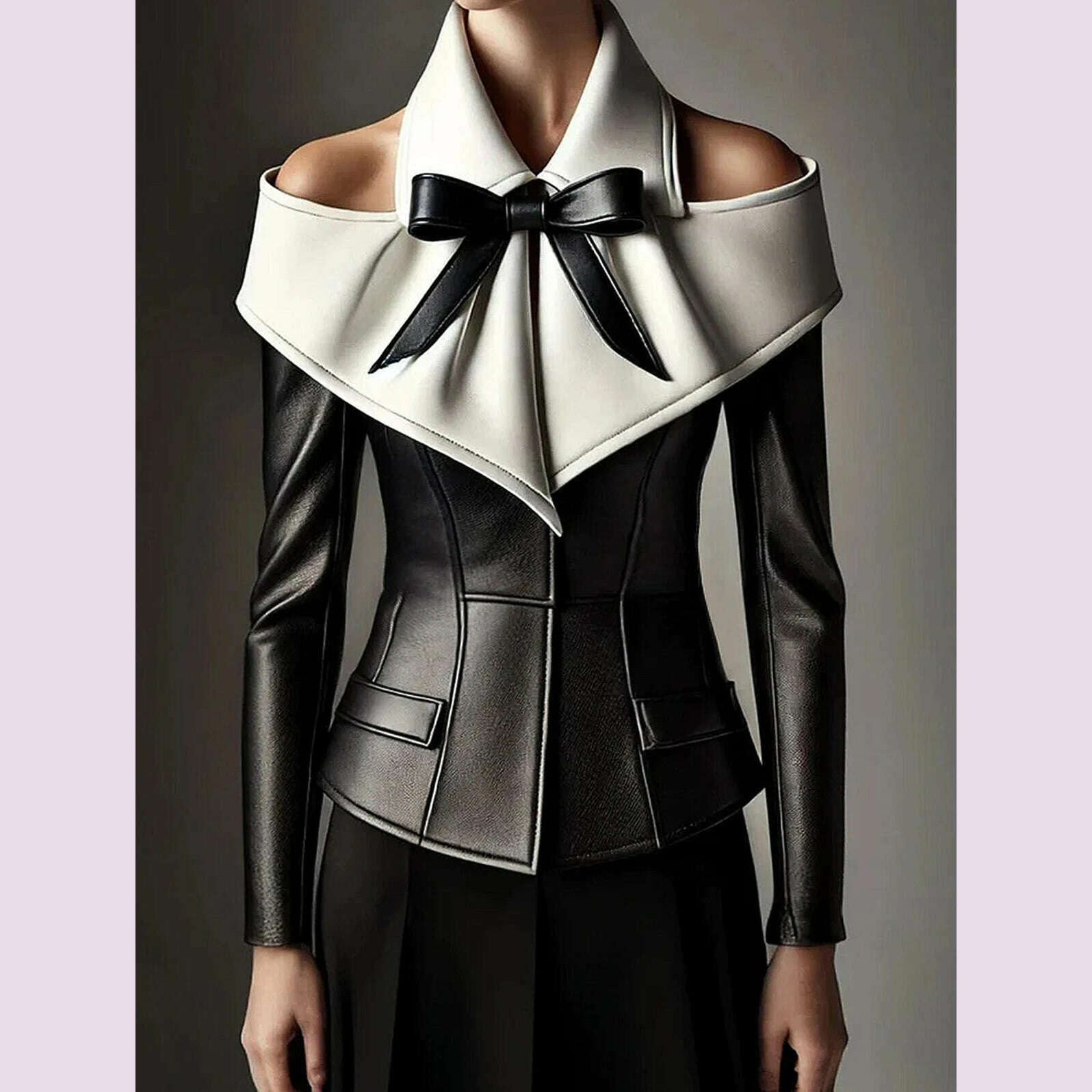 Women Vintage Turndown Collar PU Leather Long Sleeve Blouse Cinched Cold Shoulder Bow Decor T Shirt High Street Streetwear