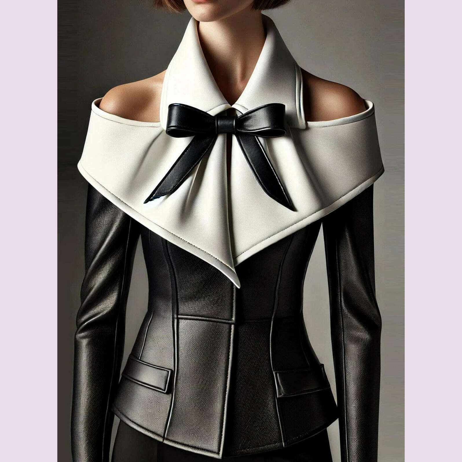 Women Vintage Turndown Collar PU Leather Long Sleeve Blouse Cinched Cold Shoulder Bow Decor T Shirt High Street Streetwear