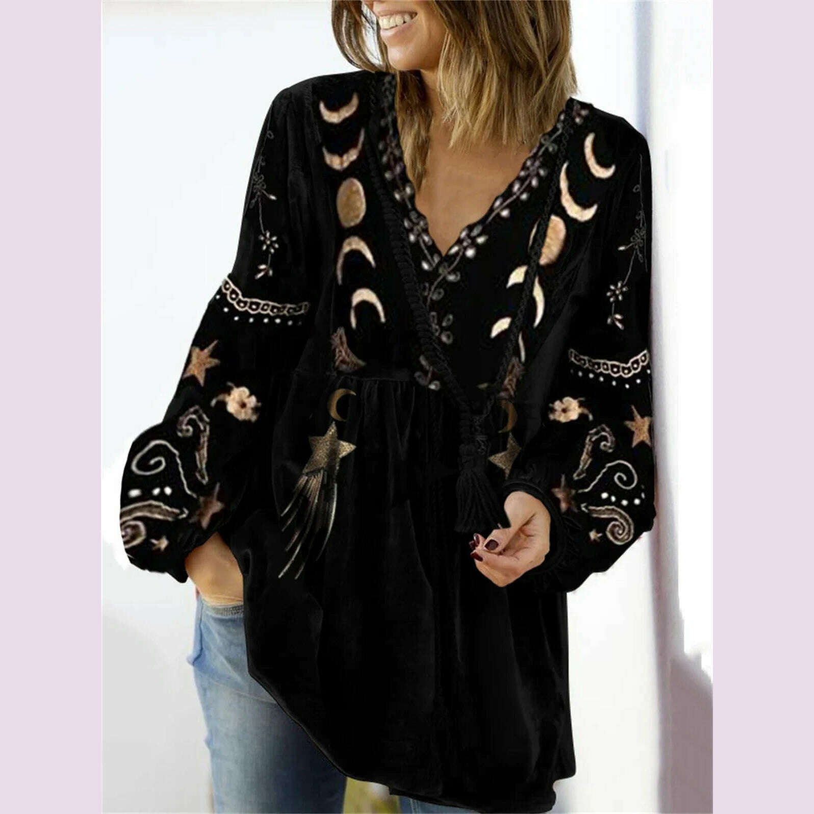 Women Vintage Velvet Shirt Star Moon Pattern V Neck Long Sleeve Streetwear Spring Autumn Loose T-shirt Pullover 2024