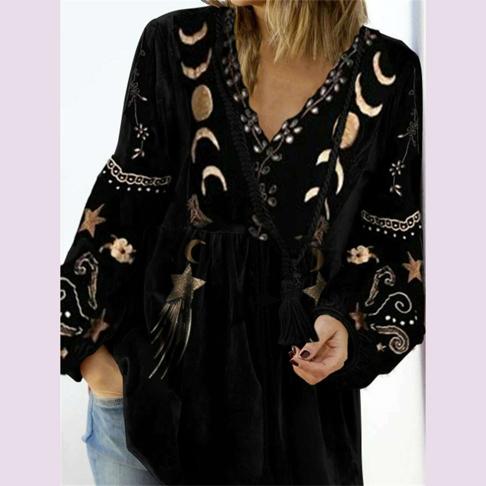 Women Vintage Velvet Shirt Star Moon Pattern V Neck Long Sleeve Streetwear Spring Autumn Loose T-shirt Pullover 2024
