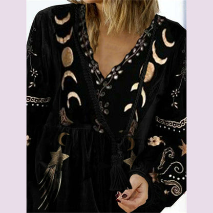 Women Vintage Velvet Shirt Star Moon Pattern V Neck Long Sleeve Streetwear Spring Autumn Loose T-shirt Pullover 2024