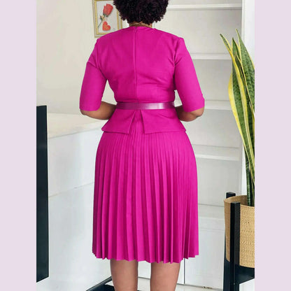 Women's 2024 new fashion plus size temperament commuter V-neck pleated dress