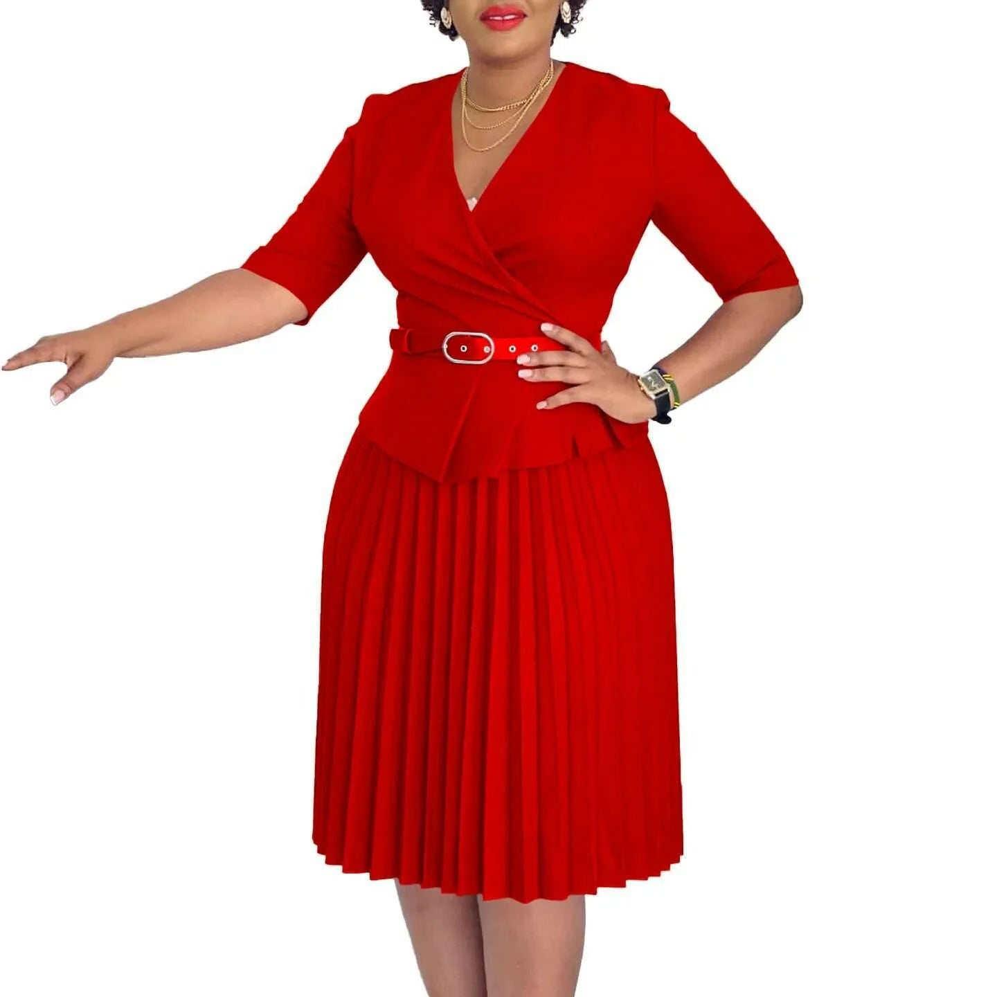 Women's 2024 new fashion plus size temperament commuter V-neck pleated dress