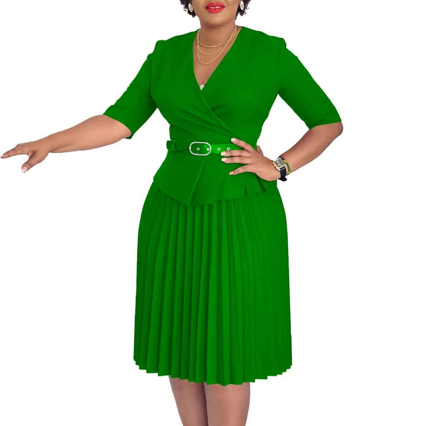 Women's 2024 new fashion plus size temperament commuter V-neck pleated dress