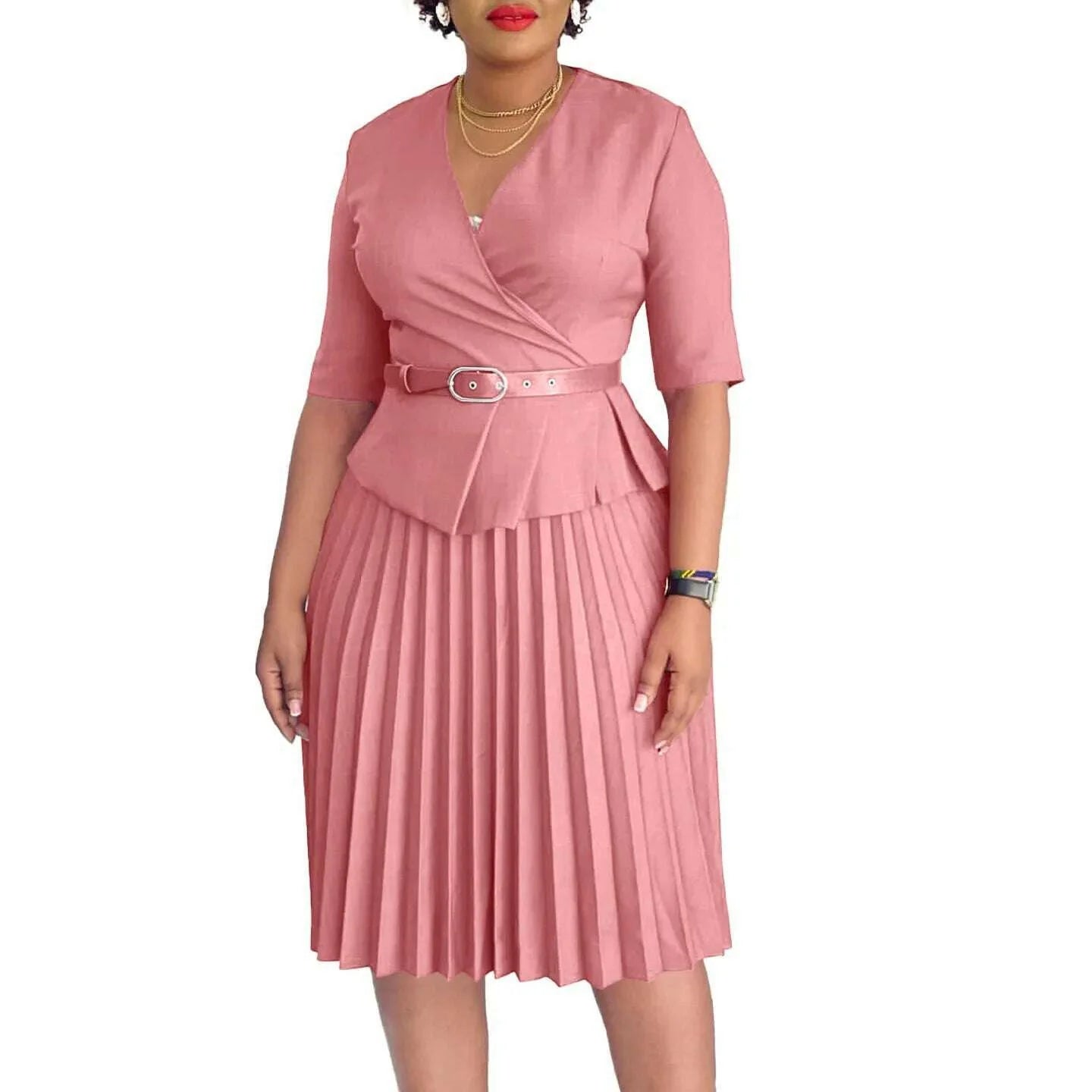 Women's 2024 new fashion plus size temperament commuter V-neck pleated dress