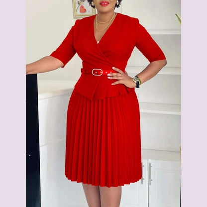 Women's 2024 new fashion plus size temperament commuter V-neck pleated dress