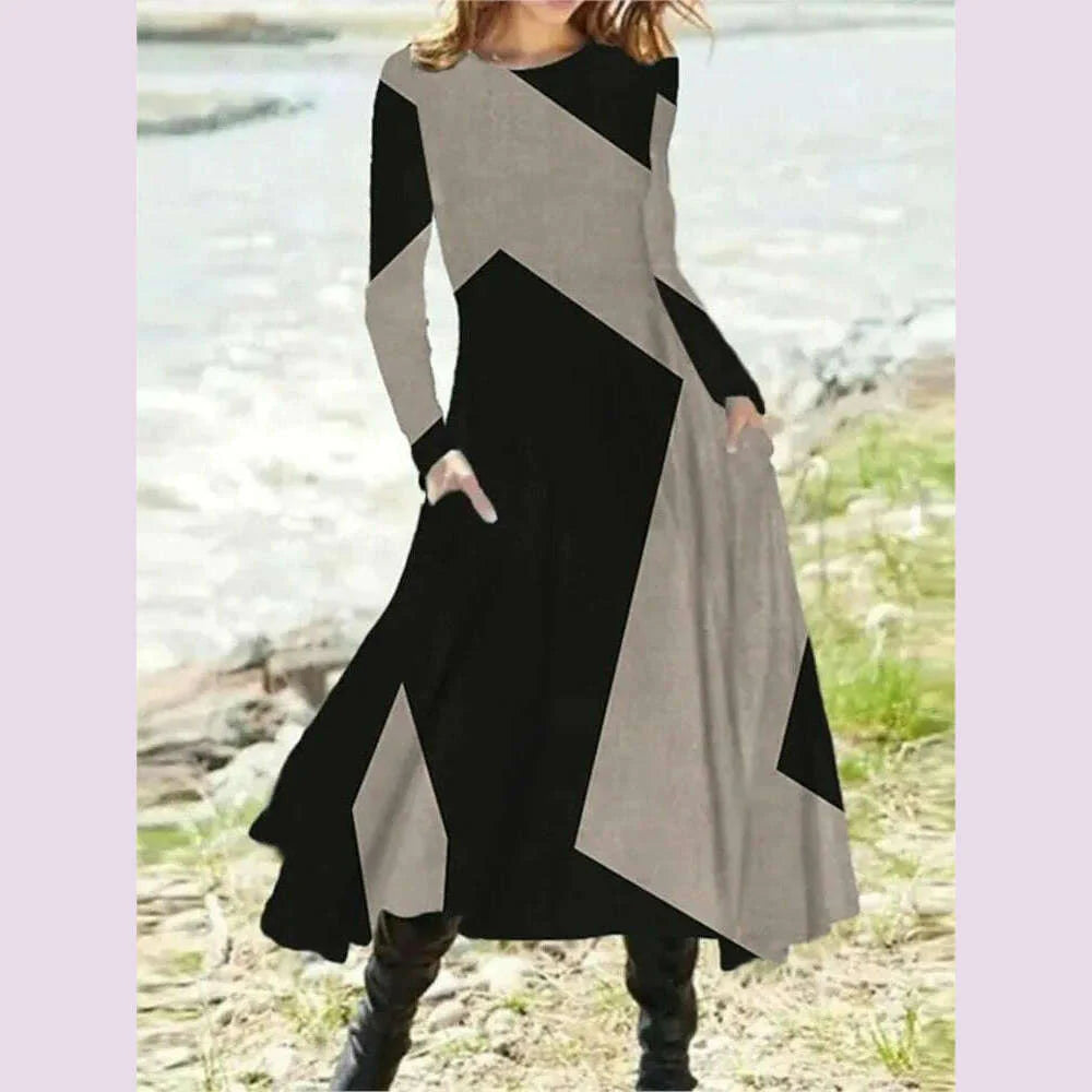 Women's Autumn Winter New Casual Retro Style Fashionable Geometric Print Long Sleeved Round Neck Oversized Swing Long Skirt