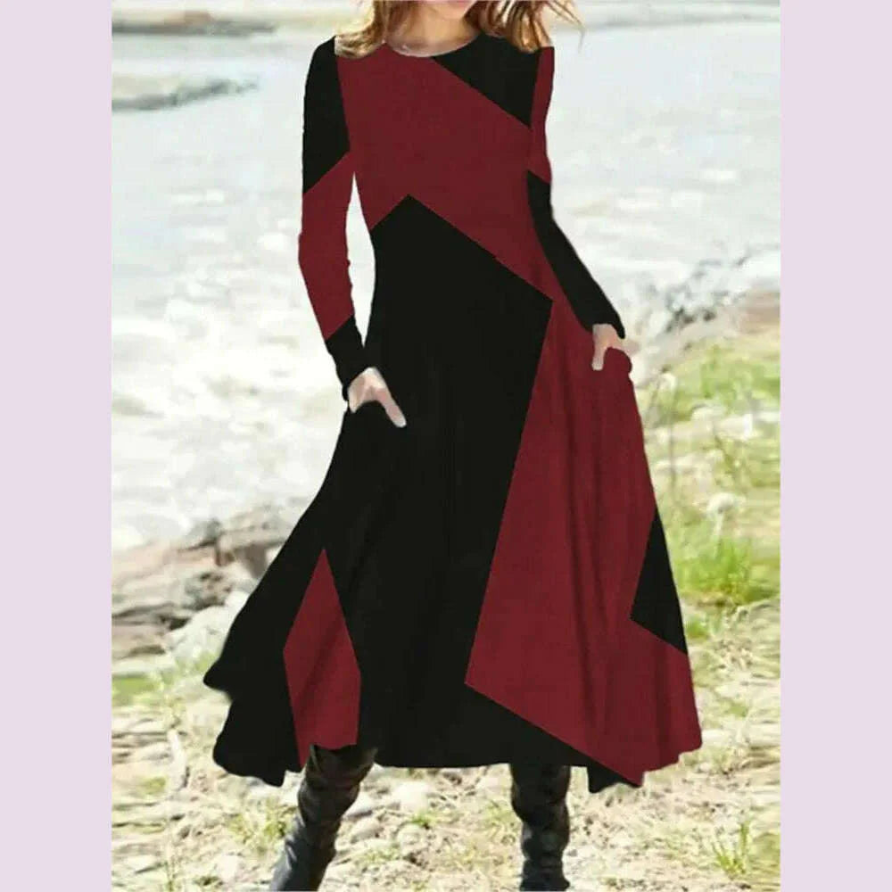 Women's Autumn Winter New Casual Retro Style Fashionable Geometric Print Long Sleeved Round Neck Oversized Swing Long Skirt