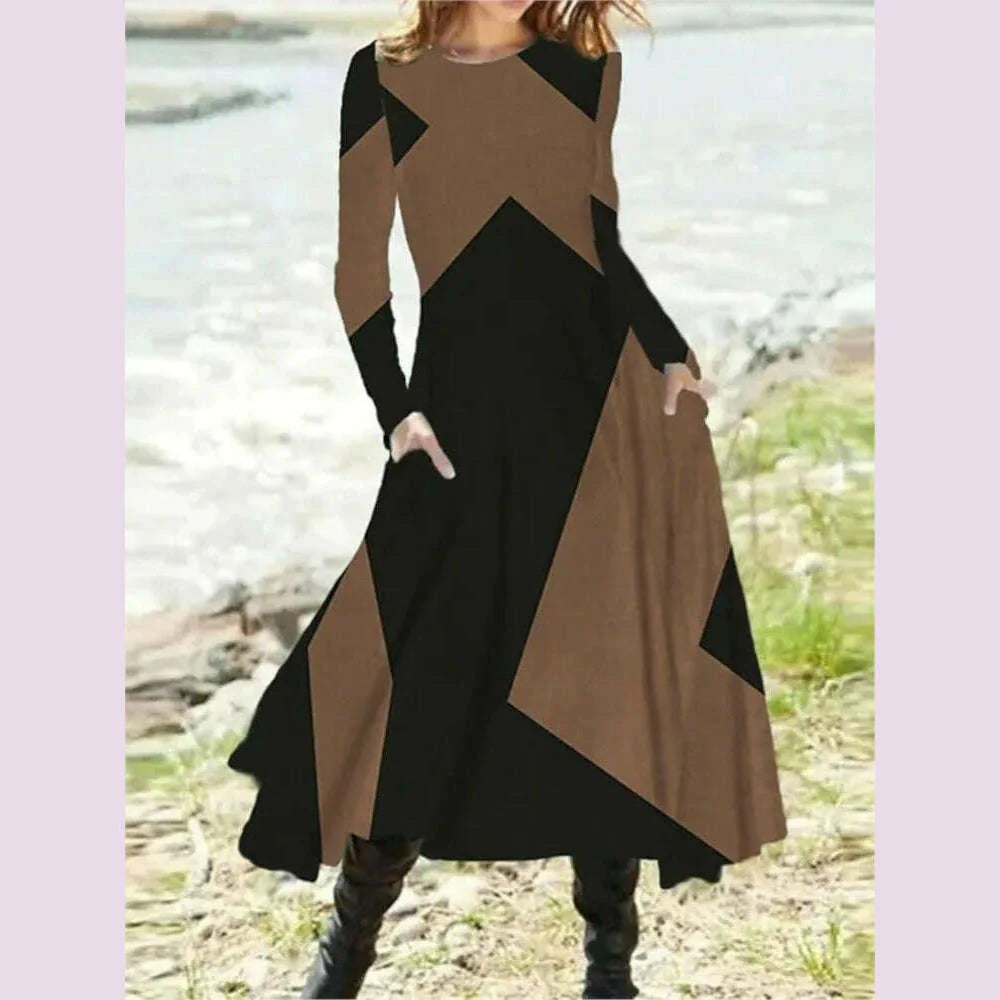 Women's Autumn Winter New Casual Retro Style Fashionable Geometric Print Long Sleeved Round Neck Oversized Swing Long Skirt