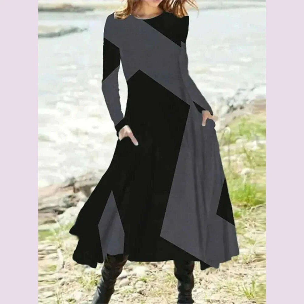 Women's Autumn Winter New Casual Retro Style Fashionable Geometric Print Long Sleeved Round Neck Oversized Swing Long Skirt