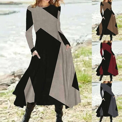 Women's Autumn Winter New Casual Retro Style Fashionable Geometric Print Long Sleeved Round Neck Oversized Swing Long Skirt