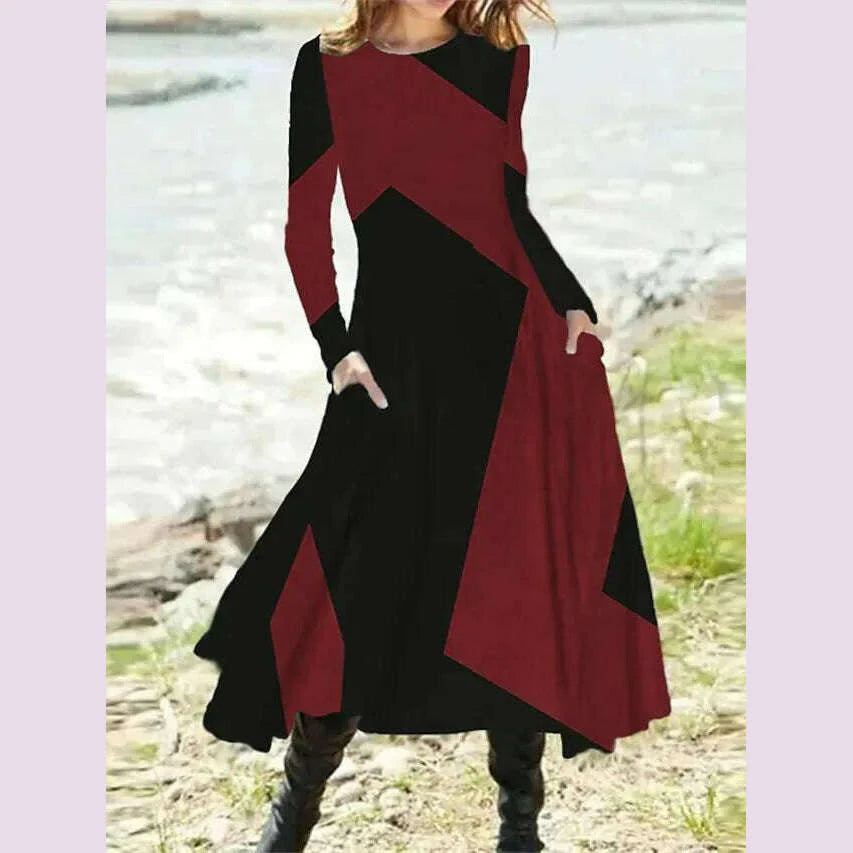 Women's Autumn Winter New Casual Retro Style Fashionable Geometric Print Long Sleeved Round Neck Oversized Swing Long Skirt