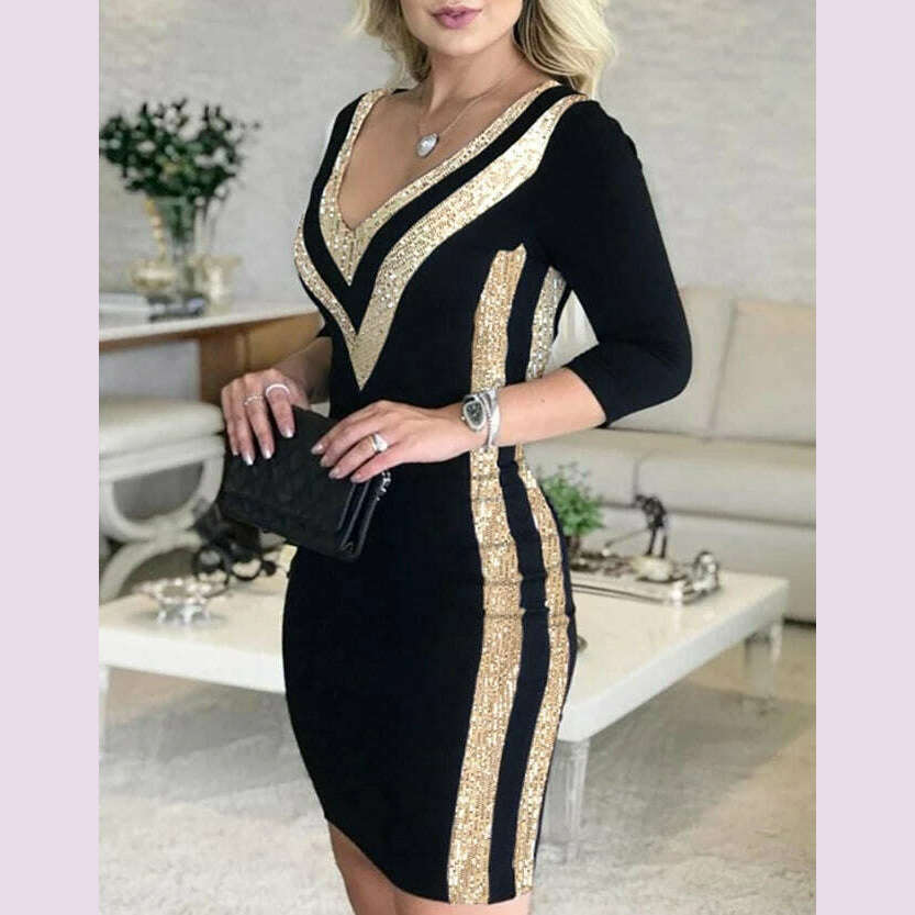 Women's Casual Dress Contrast Sequin V-Neck Bodycon Dress 2024 Latest Evening Sexy Gentlewoman Style Skinny Wrap Hip Midi Dress