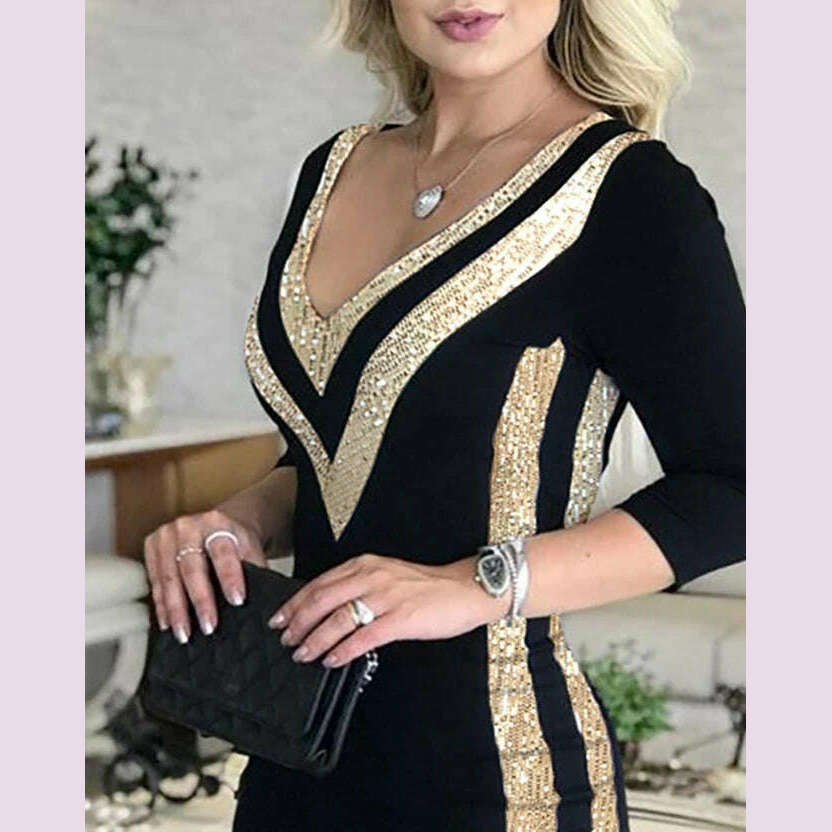 Women's Casual Dress Contrast Sequin V-Neck Bodycon Dress 2024 Latest Evening Sexy Gentlewoman Style Skinny Wrap Hip Midi Dress