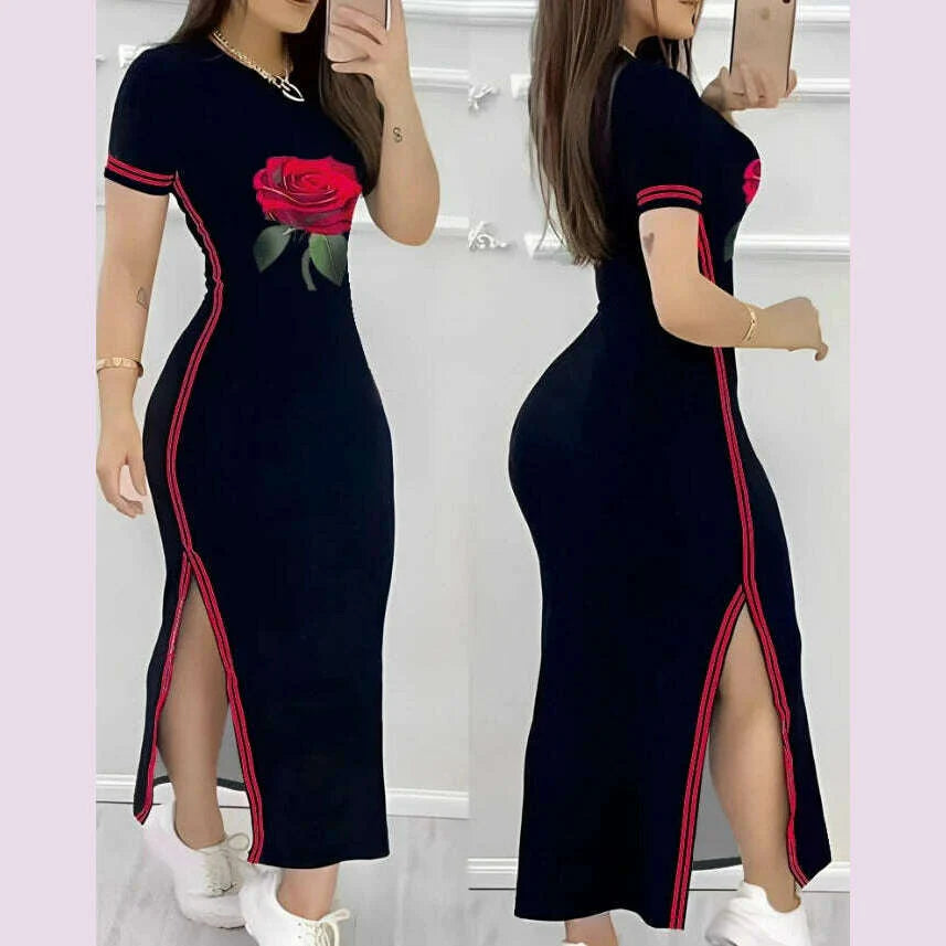 Womens Dresses 2024 Summer Fashion Striped Rose Print Side Slit Casual O-Neck Short Sleeve Skinny Daily A Line Long Dress