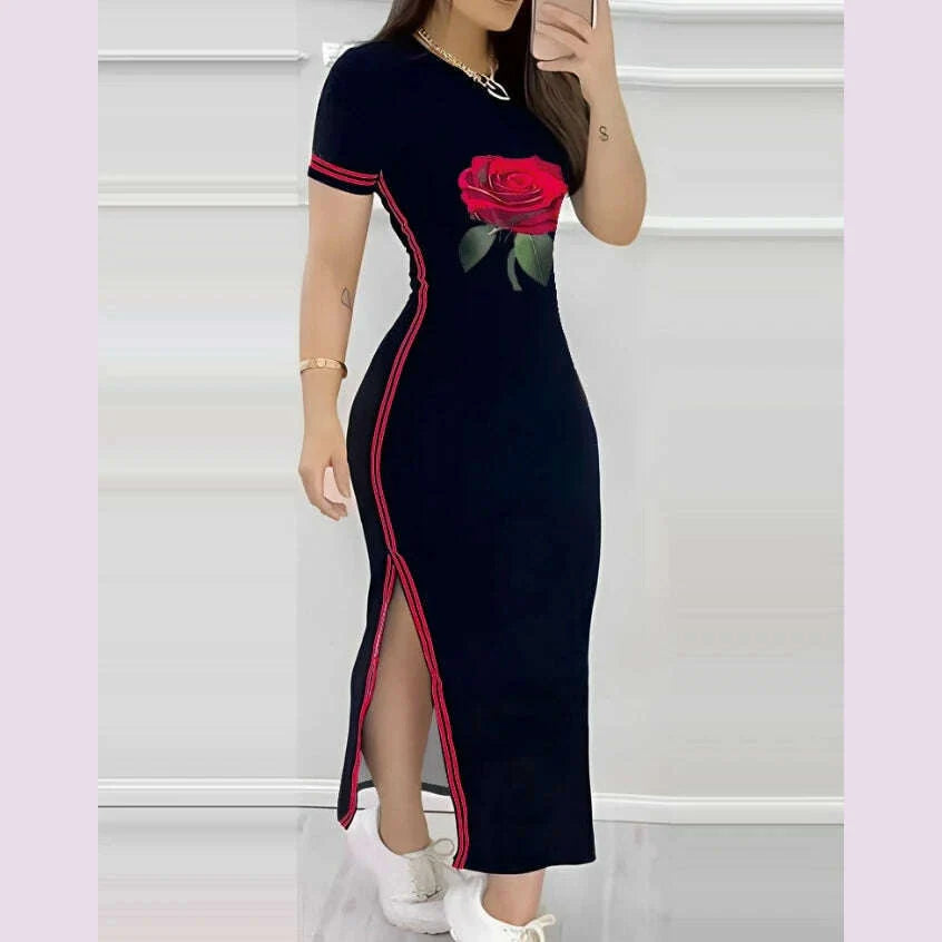 Womens Dresses 2024 Summer Fashion Striped Rose Print Side Slit Casual O-Neck Short Sleeve Skinny Daily A Line Long Dress