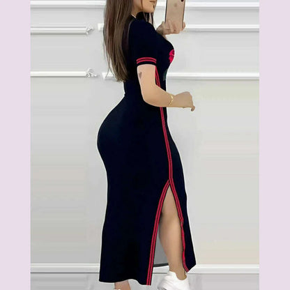 Womens Dresses 2024 Summer Fashion Striped Rose Print Side Slit Casual O-Neck Short Sleeve Skinny Daily A Line Long Dress