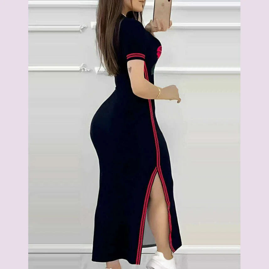 Womens Dresses 2024 Summer Fashion Striped Rose Print Side Slit Casual O-Neck Short Sleeve Skinny Daily A Line Long Dress