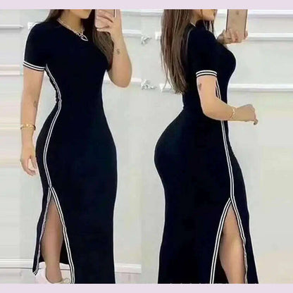 Womens Dresses 2024 Summer Fashion Striped Rose Print Side Slit Casual O-Neck Short Sleeve Skinny Daily A Line Long Dress