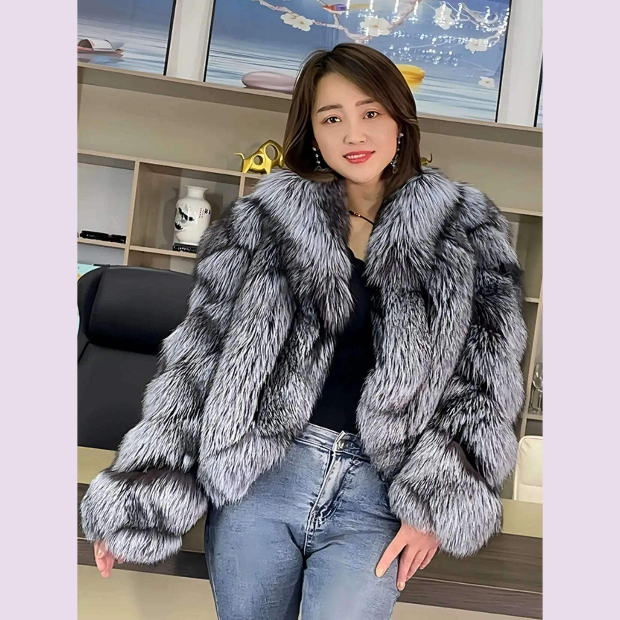Women's Fur Real Fox Fur Coat Long Sleeve Luxury Natural Fox Cloth Turn Down Collar