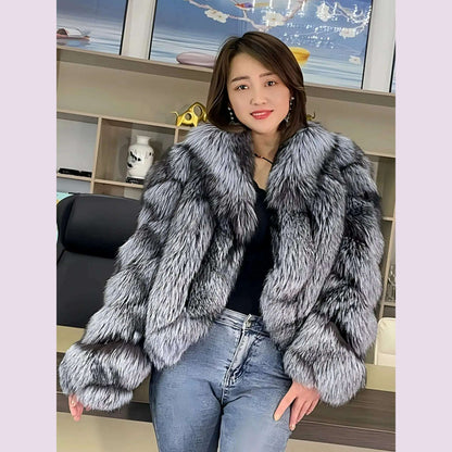 Women's Fur Real Fox Fur Coat Long Sleeve Luxury Natural Fox Cloth Turn Down Collar