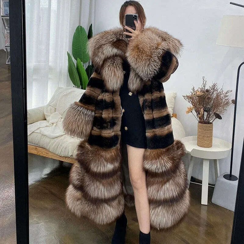 Womens Luxury Real Rex Rabbit Fur Coat Fashion Genuine Fox Fur Thick Collar Overcoat Female Winter Natural Fur Warm Outwear