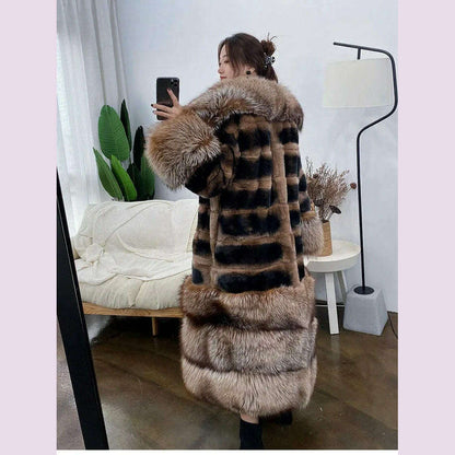 Womens Luxury Real Rex Rabbit Fur Coat Fashion Genuine Fox Fur Thick Collar Overcoat Female Winter Natural Fur Warm Outwear