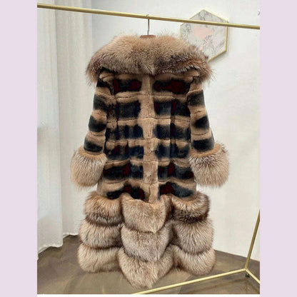 Womens Luxury Real Rex Rabbit Fur Coat Fashion Genuine Fox Fur Thick Collar Overcoat Female Winter Natural Fur Warm Outwear