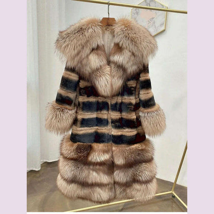 Womens Luxury Real Rex Rabbit Fur Coat Fashion Genuine Fox Fur Thick Collar Overcoat Female Winter Natural Fur Warm Outwear